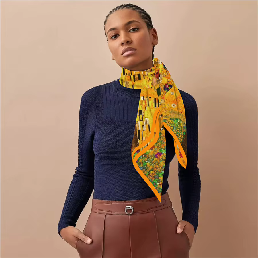 Foulard en soie femmes Klimt baiser imprimer foulards carrés tête Echarpes Foulards en soie Femme enveloppes châles de plage Bandana dame Hijabs 90CM