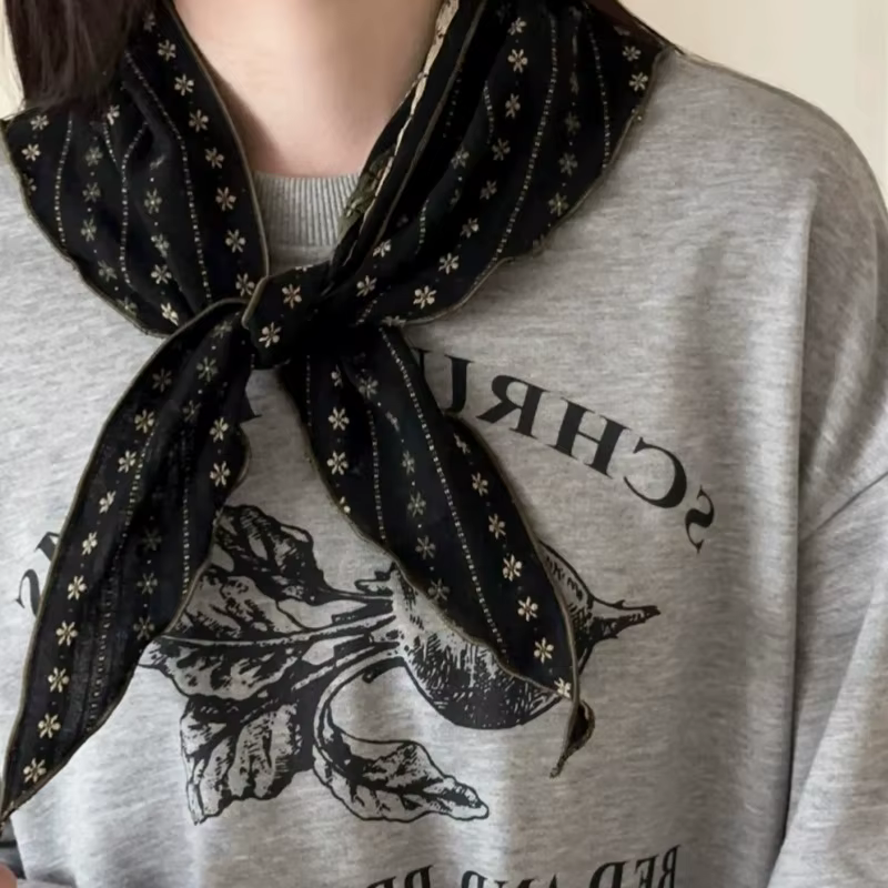 Femmes Vintage Floral rayé écharpe respirant coton lin mélange Triangle cou foulard Boho Chic bandeau et collier