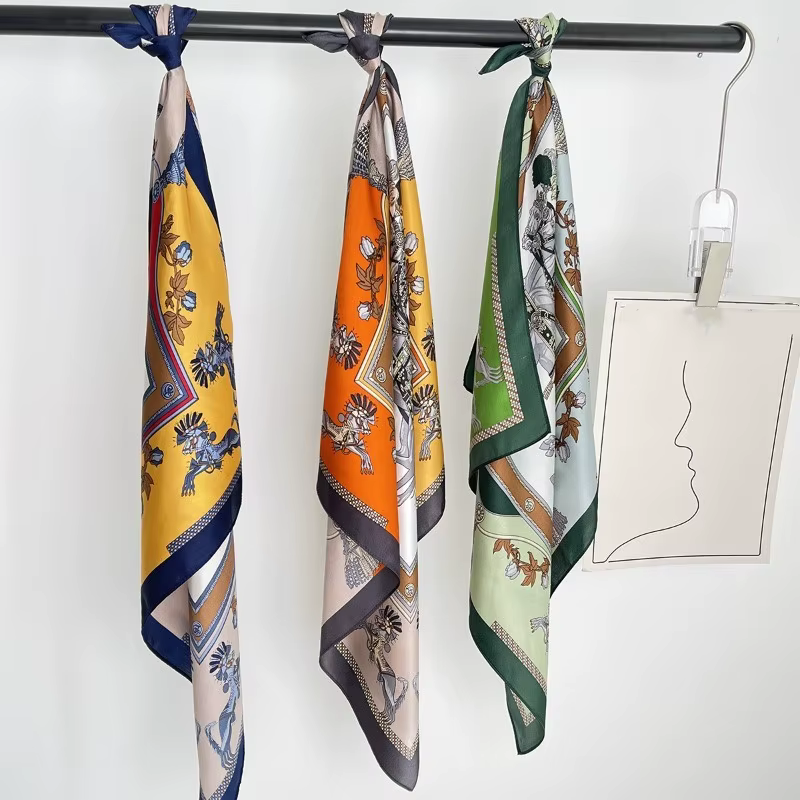Foulard carré en satin vintage à imprimé équestre