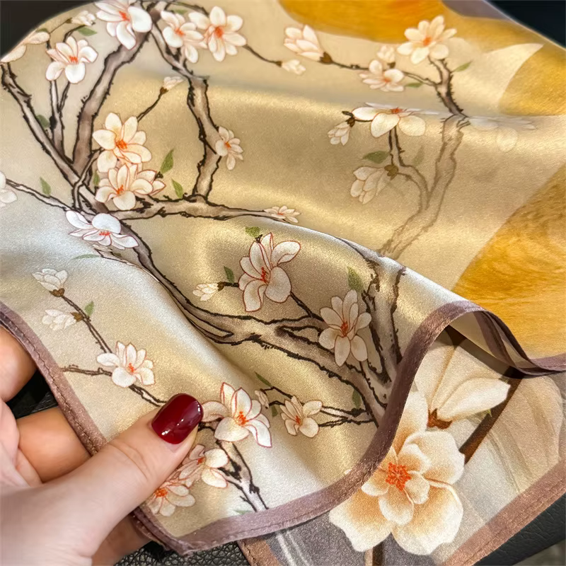 100% foulard en soie femmes carré fleur de prunier imprimé foulards Wrap