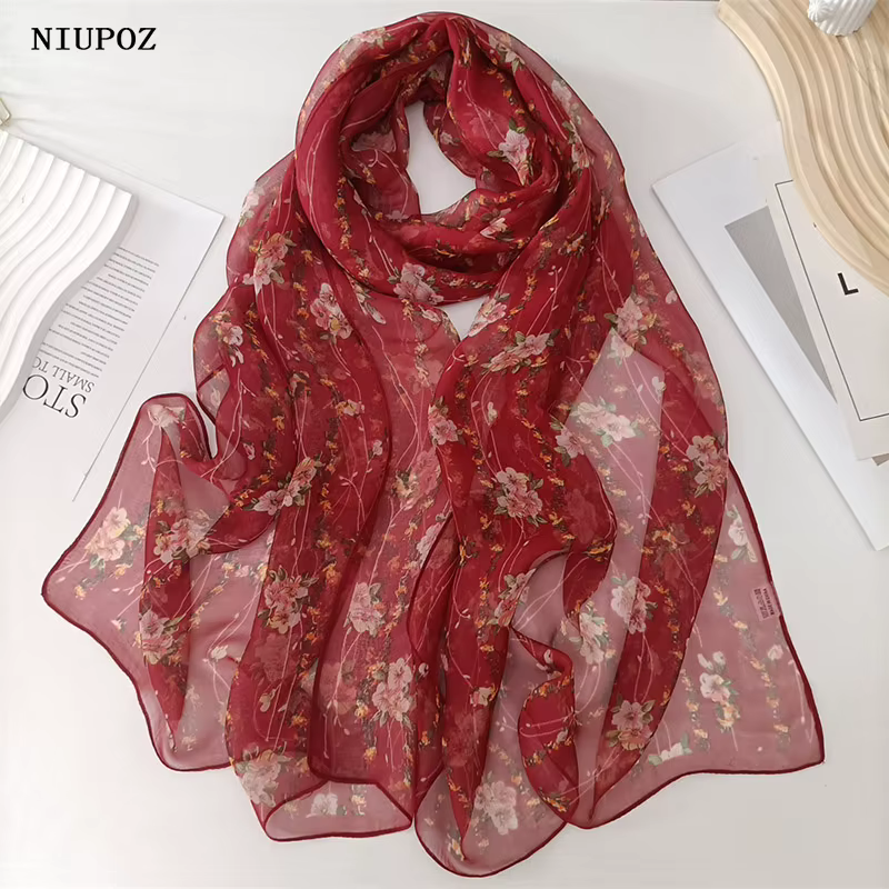 Rouge petite fleur femmes élégant en mousseline de soie Georgette Bandana écharpe été plage crème solaire mince Hijab