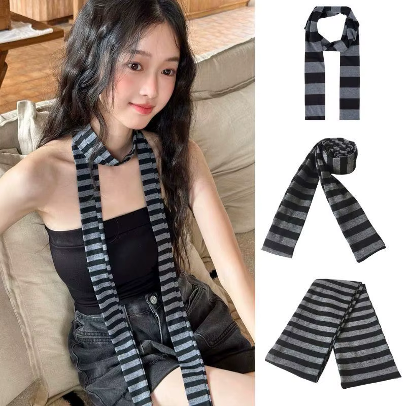 Y2K noir gris rayé écharpe pour femmes coton longue
