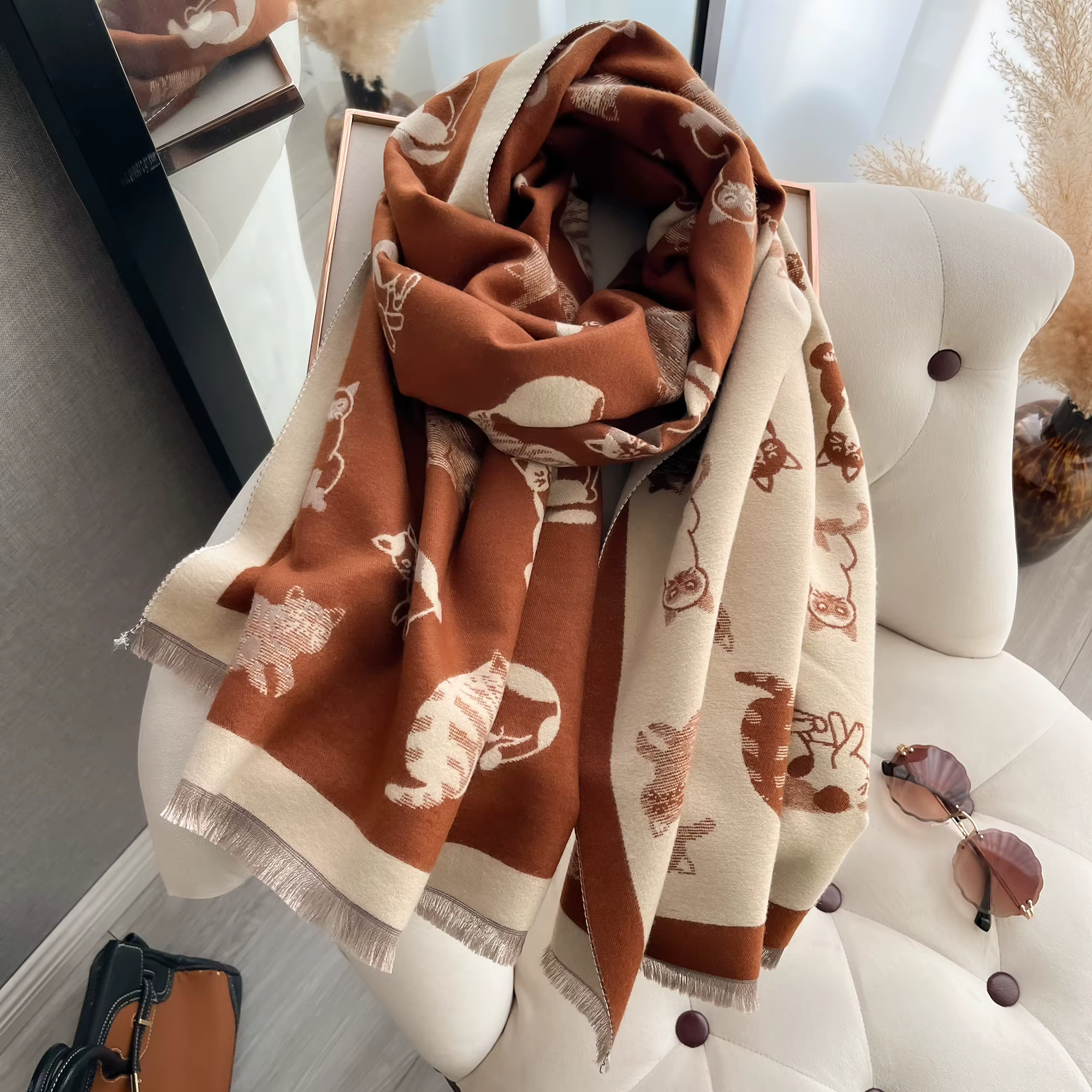 Femmes dernière Animal Jacquard chat écharpe Imitation cachemire doux chaud frange châle automne hiver résistant au froid coupe-vent couverture 2025