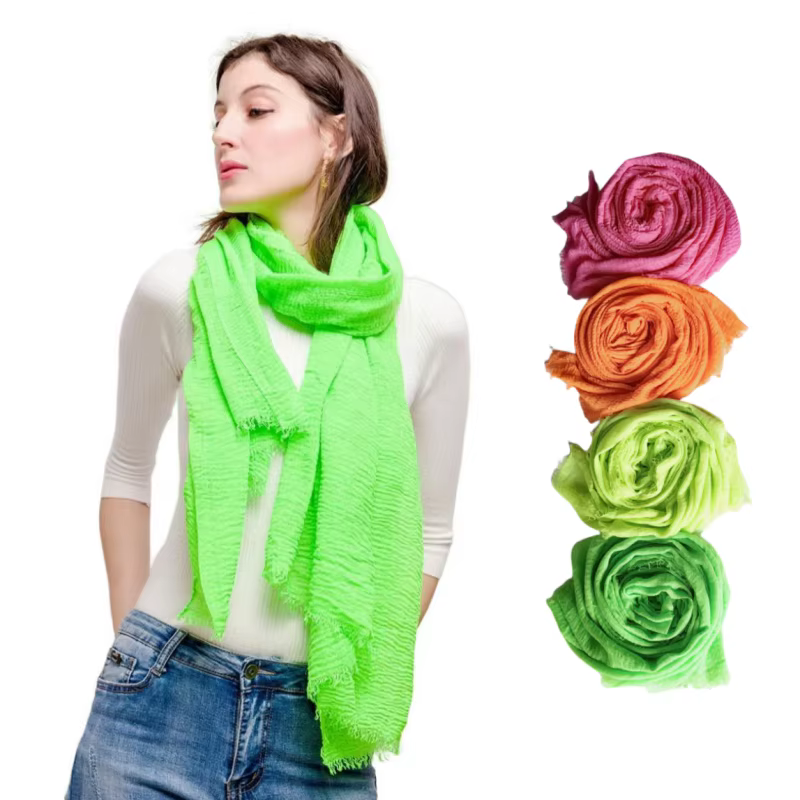 Écharpe Néon aux Couleurs Passionnantes, Turban Uni Effet Bulle, Foulard Plissé pour Femme, Voile Ondulé, Châle Irisé, Écharpe de Soirée