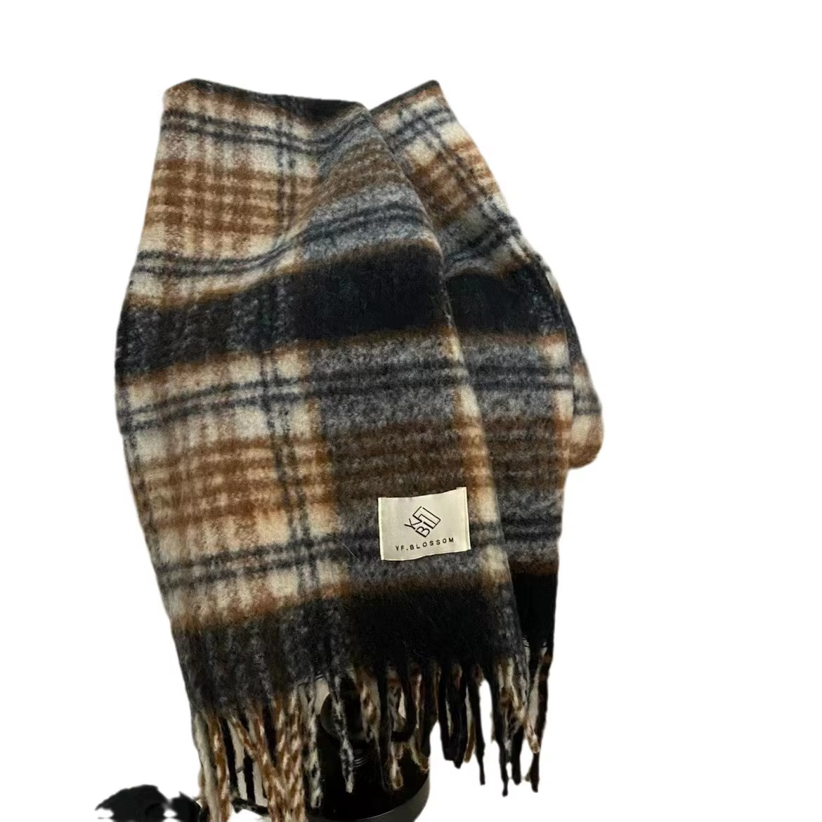 Écharpe à carreaux marron atmosphère rétro pour hommes et femmes avec Mohair Ramen