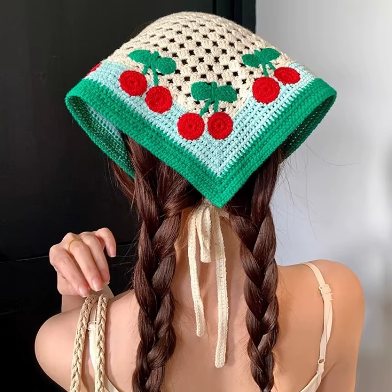 Nouveau foulard de cheveux triangulaire tricoté à la main rétro français pour les femmes printemps été voyage Photo