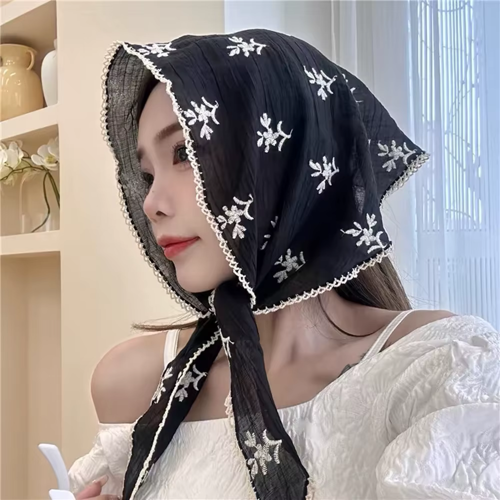 2024 nouveau petit foulard carré châles Decora lin coton dentelle Triangle écharpe été Floral cheveux