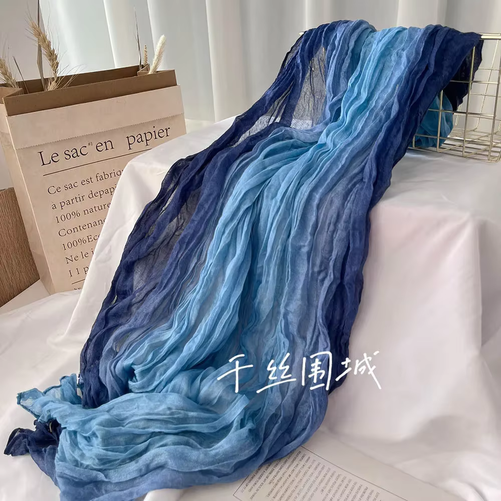 VREOVOR écharpe coton chanvre dégradé bleu automne hiver rétro polyvalent imprimé femmes longue pli châle élégant et à la mode
