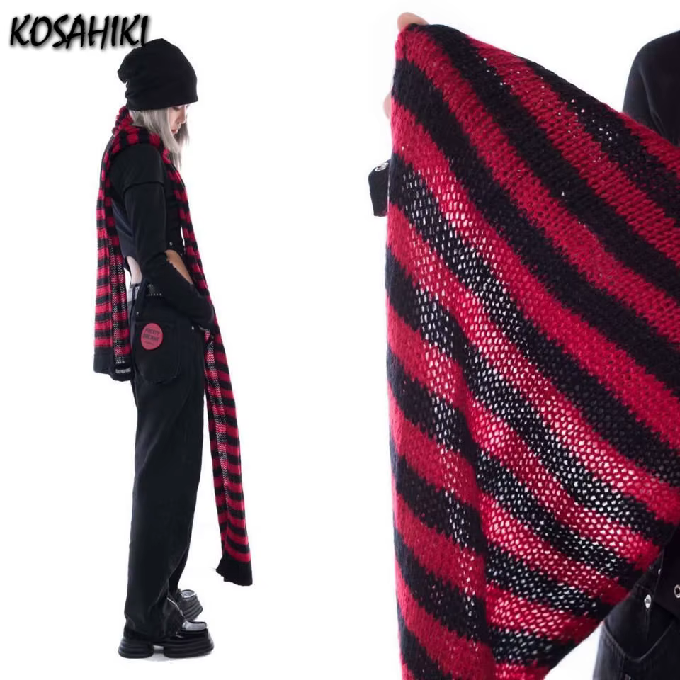 KOSAHIKI 2026 Y2k Girl Long Scarves Korean Japanese Basic Scarf Gothic Stripe Women Unisex Harajuku Knitted Neckerchief