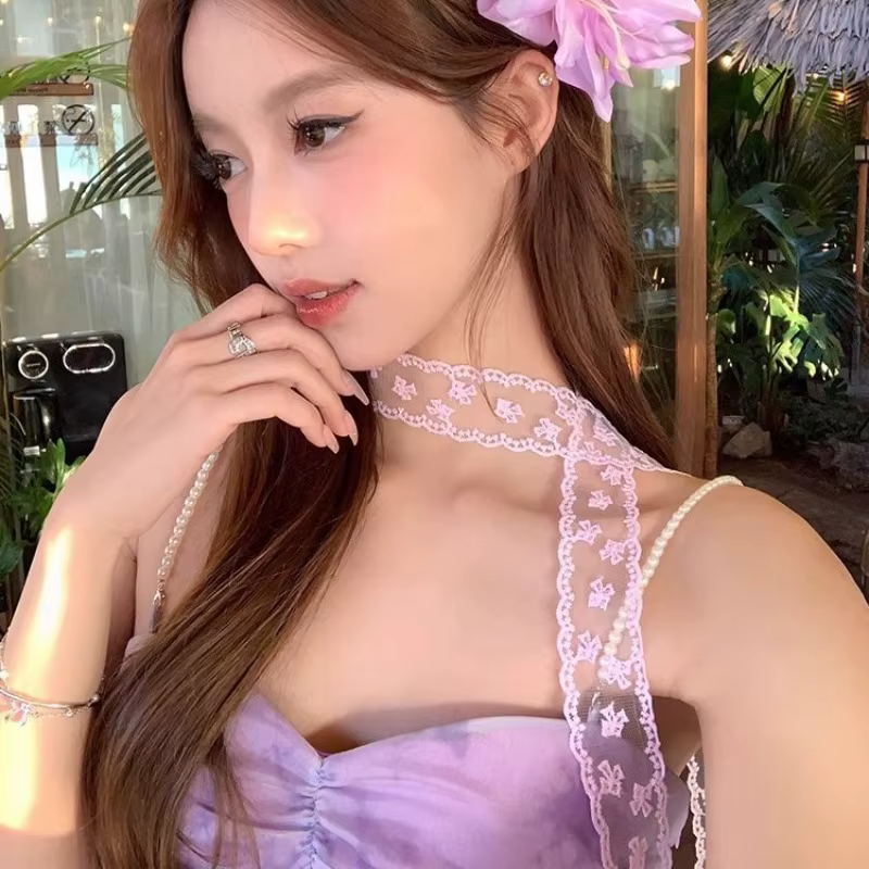 Élégant foulard long coréen en dentelle avec nœud 2-en-1