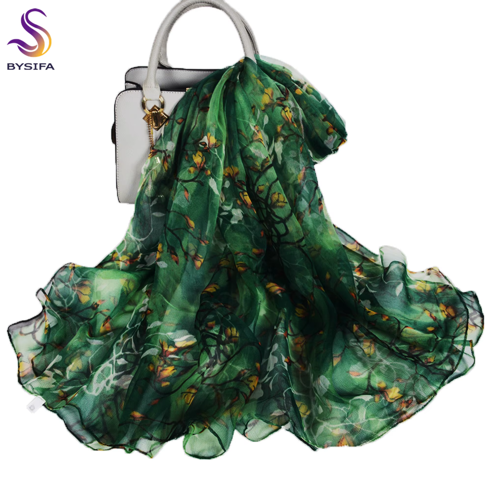 [BYSIFA] vert Jade véritable soie longue écharpe pour les femmes élégant Magnolia Design marque 100%