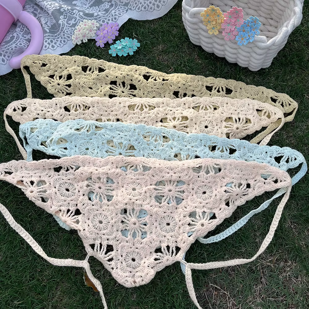 Mode tricoté foulard femmes Style pastoral français Triangle bandeau à la main Crochet