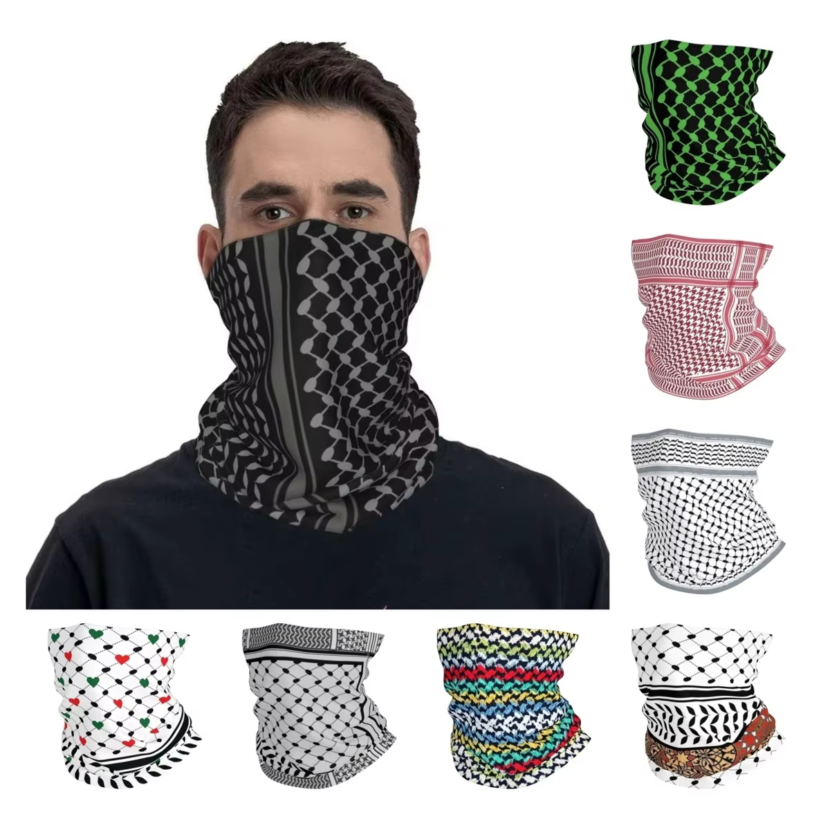 Keffiyeh en noir Shemagh tactique Bandana cache-cou imprimé cagoule écharpe chaude chapeaux randonnée unisexe adulte hiver