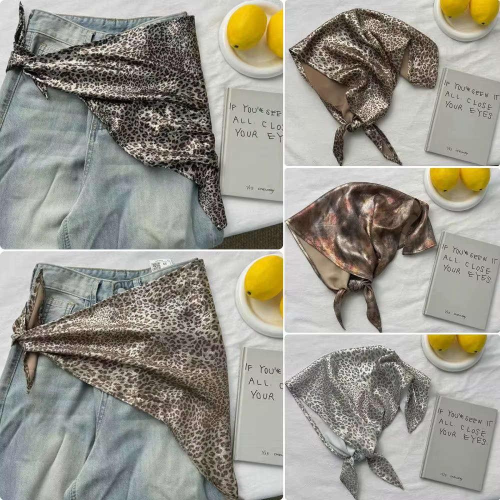Élégant foulard triangulaire imprimé Y2K en soie brillante, foulard pour cheveux Hip Hop, foulard en soie imprimé léopard pour filles stylées, accessoires vestimentaires