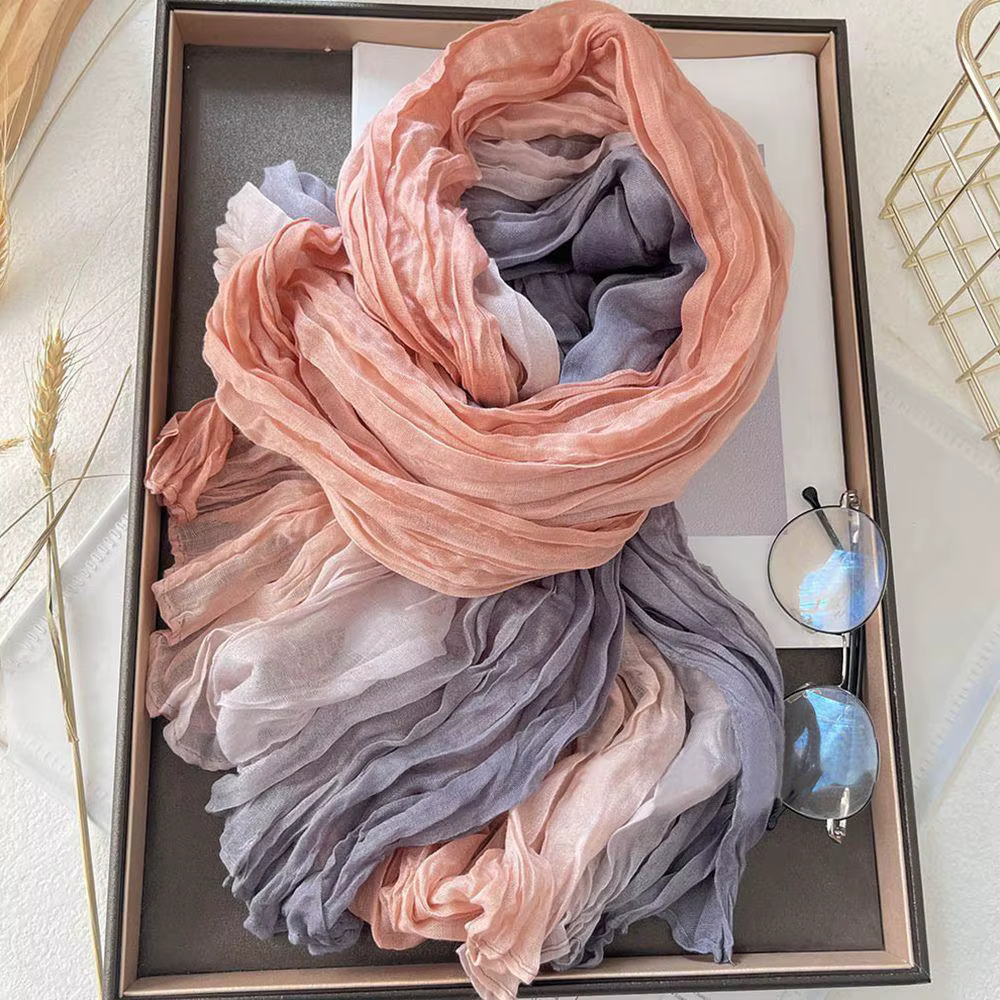 Écharpe d'hiver pour femmes coton chanvre dégradé bleu automne hiver rétro polyvalent imprimé