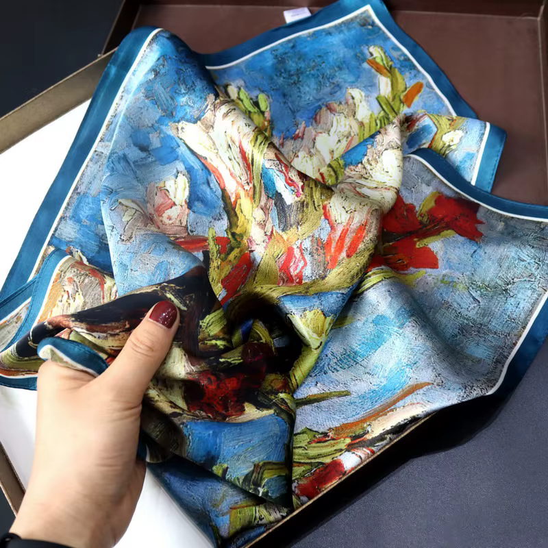 Vangogh peinture à l'huile Gladiolus imprimé écharpe femme luxe vraie soie Bandana Foulard carré