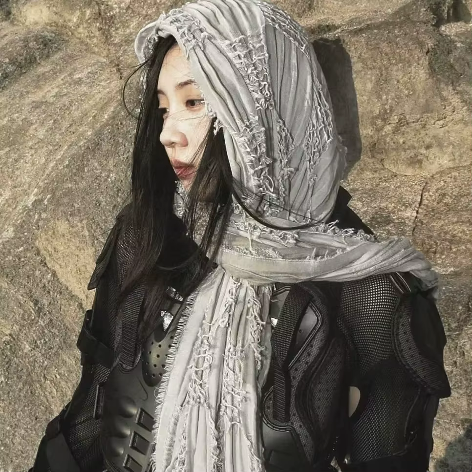 Coton et lin lavé Vintage en détresse Hip Hop Punk écharpe hommes femmes en plein air Techwear décontracté Cosplay châle Y2K Accessoires