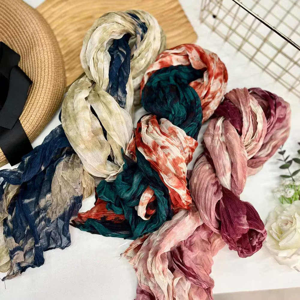 Écharpe d'hiver pour femmes coton chanvre dégradé bleu automne hiver rétro polyvalent imprimé