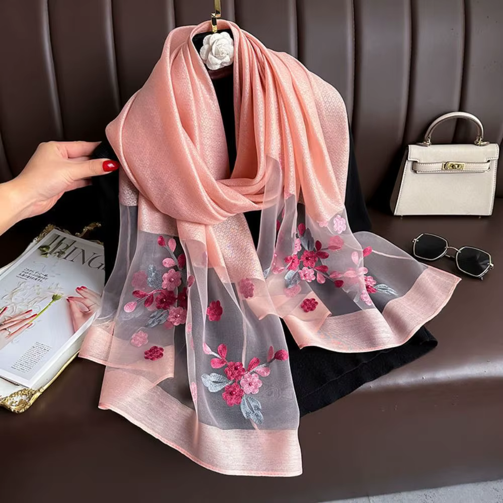 Élégant doux mince luxe Foulard en soie fleur broderie
