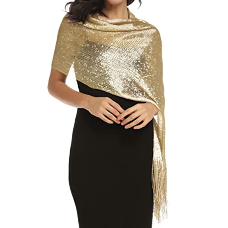 Écharpe en dentelle dorée et argentée brillante avec pompons