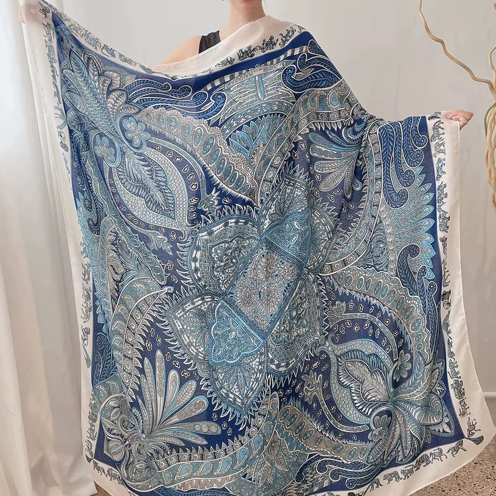 130cm bleu carré écharpe femmes grands châles Vintage carré Bandana luxe foulard femme Foulards