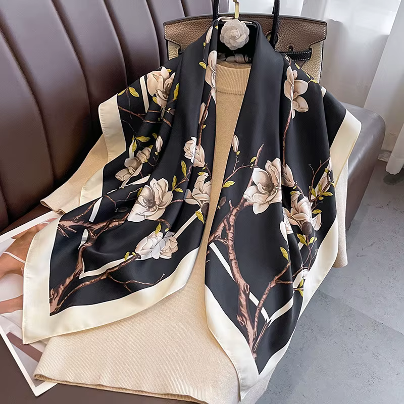 90*90 cm marque de luxe Simple soie carré écharpe Hijab femmes Bandana doux foulards foulard dames cheveux châle enveloppement bandeau