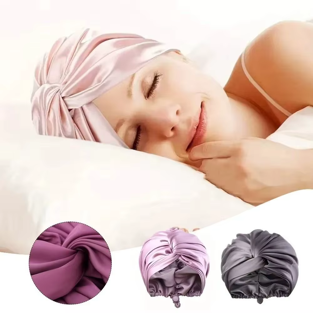 Cheveux raides bouclés longs Double couche croix torsadée Turban réglable élastique soie Satin bonnet de sommeil chimio soins capillaires Bonnets