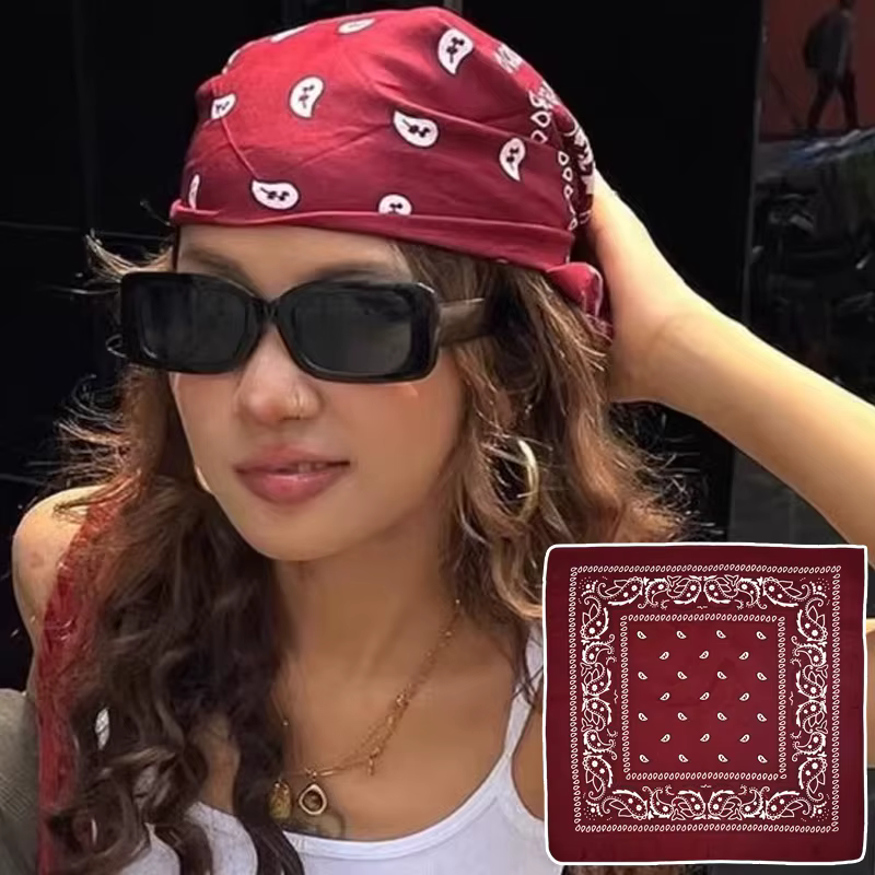 Bandana rouge vin de style occidental, bandeau polyvalent, écharpe de cou classique de cow-boy, écharpe de cheveux vintage hip-hop, unisexe, rappeurs, streetwear