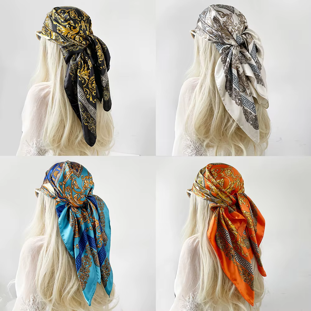 Nouveau Foulard Carré en Soie Imprimé Floral Style Bohème de Luxe Unisexe