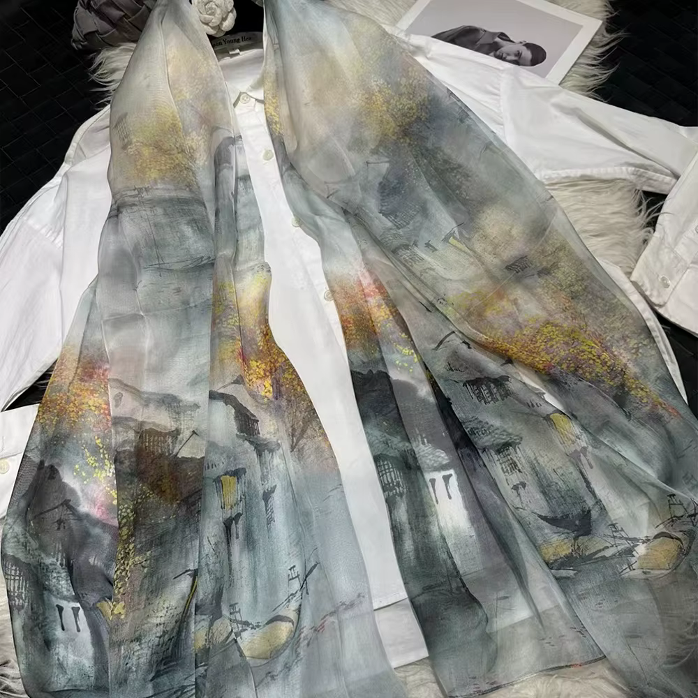 Gris blanc 100% soie châle écharpe femmes mode nouveau Design Floral longues écharpes enveloppes été