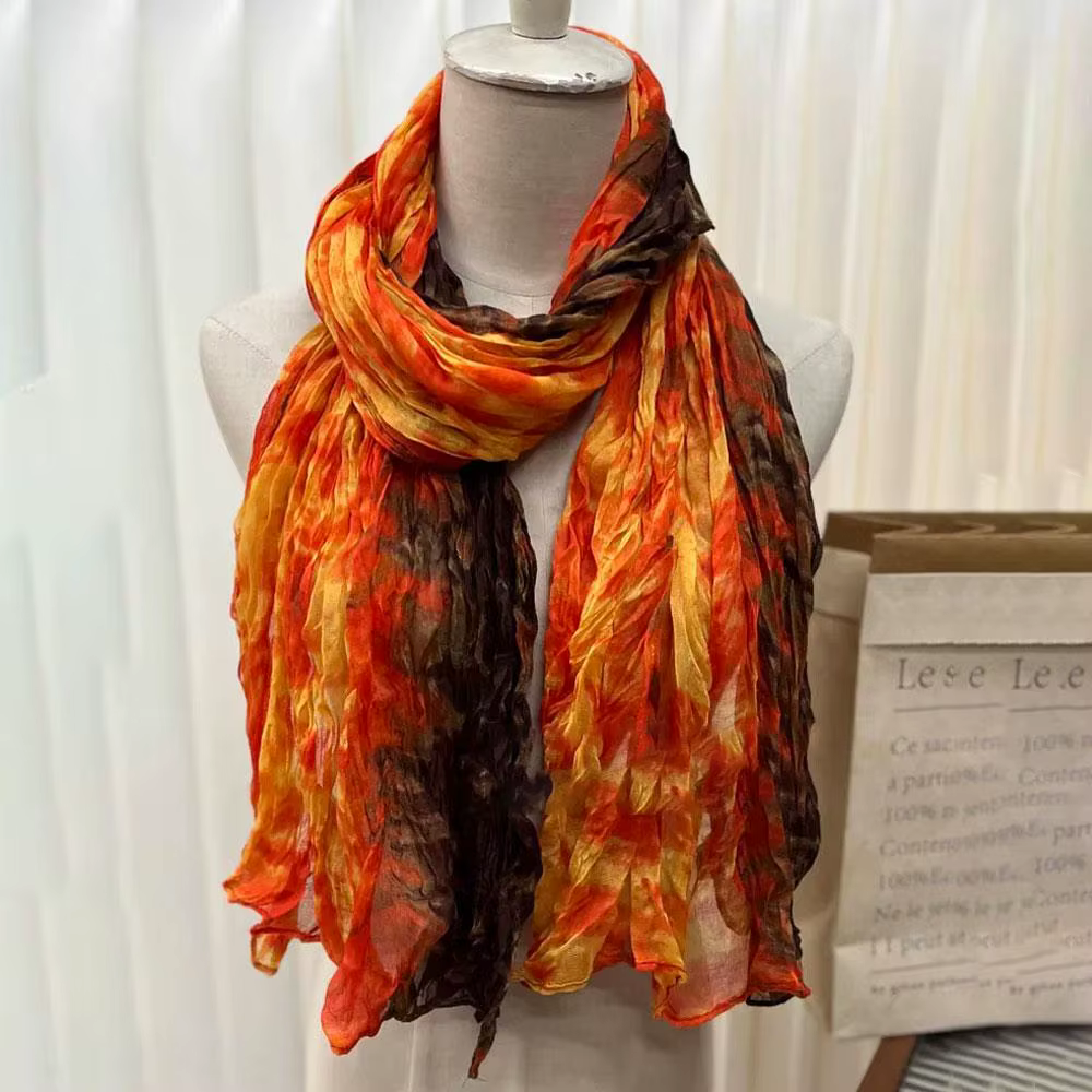 Écharpe d'hiver pour femmes coton chanvre dégradé bleu automne hiver rétro polyvalent imprimé