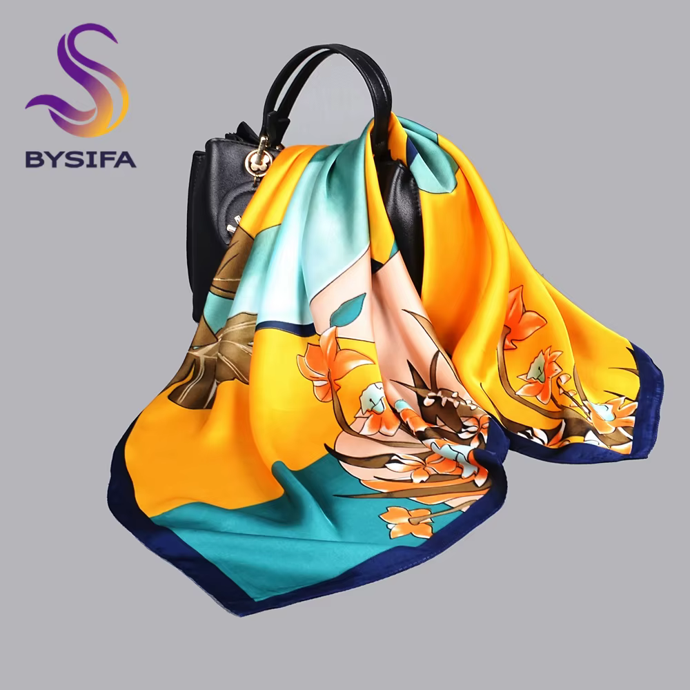 BYSIFA – foulard en soie jaune et bleu pour femme