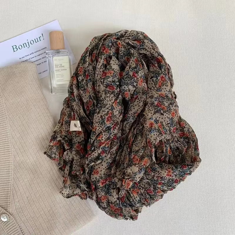 VREOVOR Antique écharpe nouvelle automne et hiver diffusion en direct chaude littéraire coton et lin rétro fleur froissé hommes femmes