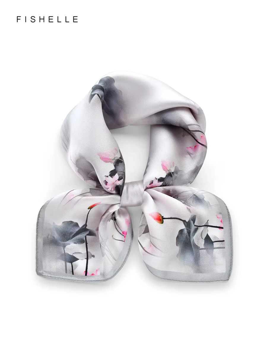 Foulard 100% soie feuille de lotus gris pour femme