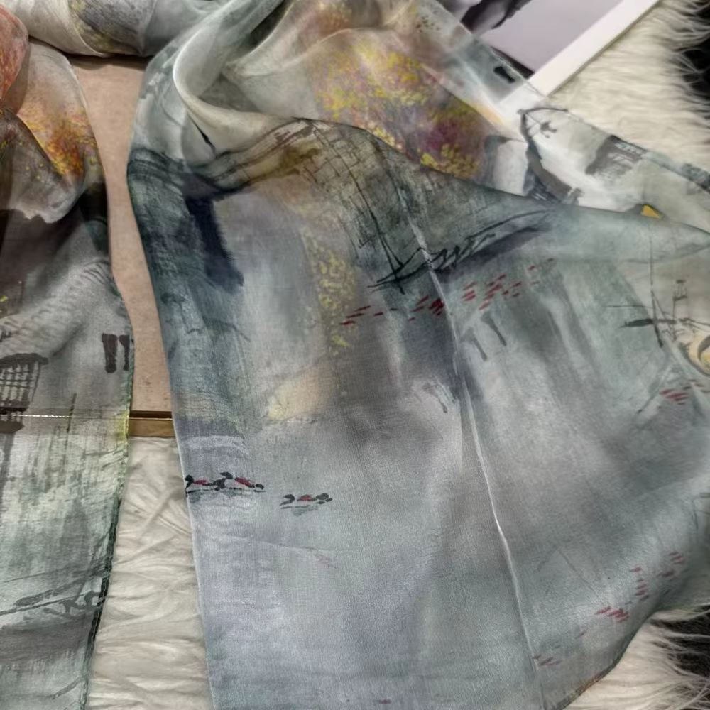 Gris blanc 100% soie châle écharpe femmes mode nouveau Design Floral longues écharpes enveloppes été