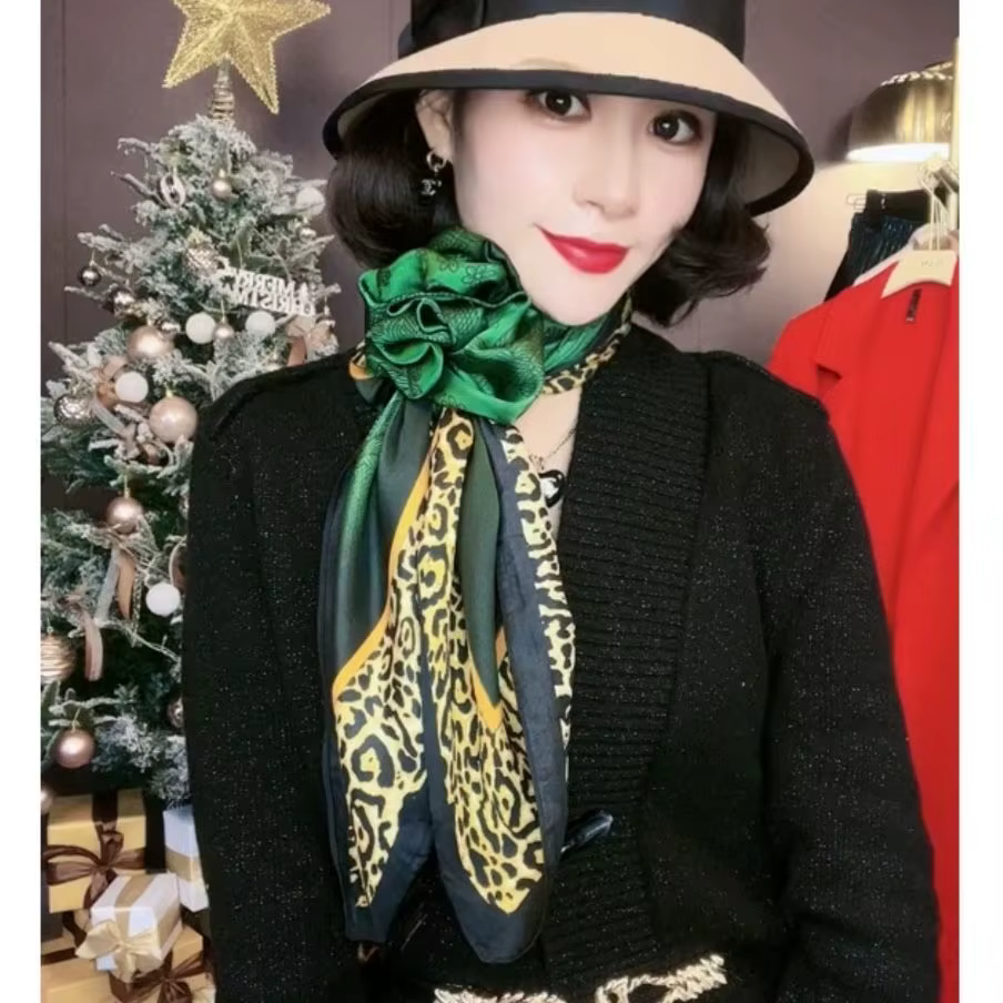 [BYSIFA] nouveau foulard en soie vert émeraude femmes marque léopard imprimé foulards carrés 90*90 cm accessoires de