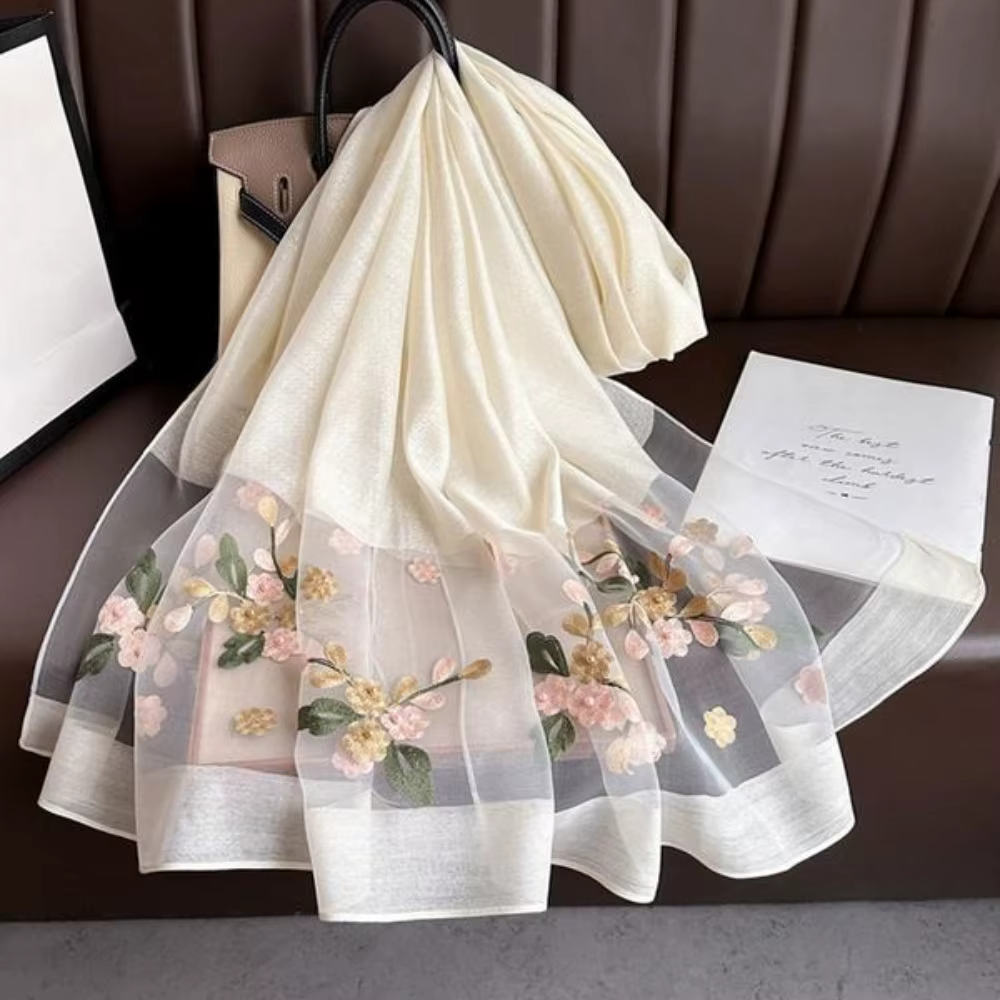 Écharpe en soie brodée florale élégante pour femme