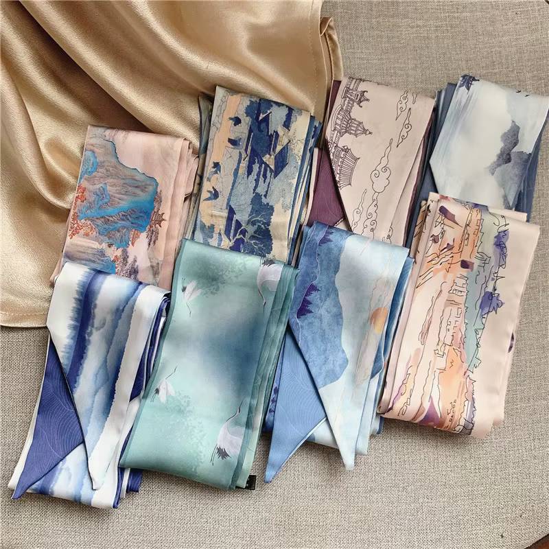 Luxary marque Design fleur imprimé Foulard en soie pour les femmes mode cheveux bandeau