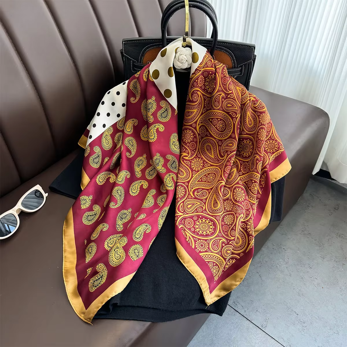 90*90 cm Foulard carré rétro cajou imprimé fleuri foulards en soie femmes cou