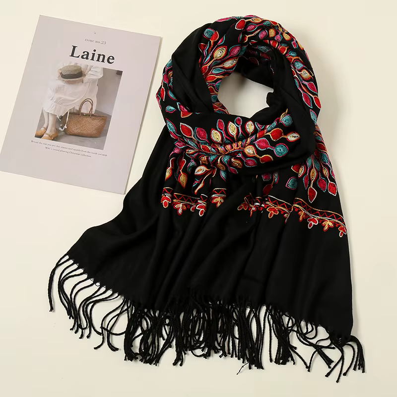 Écharpes en cachemire brodées pour femmes pashmina à fleurs TipPonte châle chaud d'hiver glands