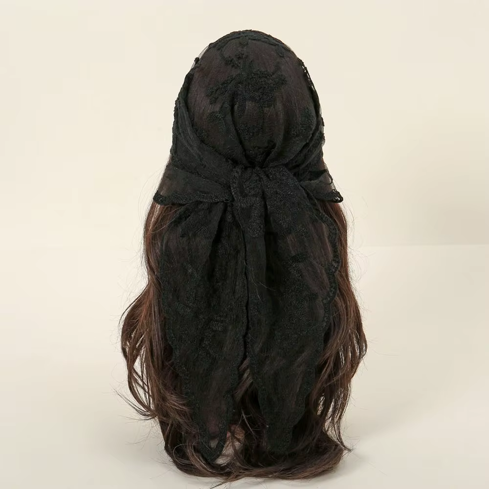 Nouveau Écharpe en dentelle ajourée broderie couleur unie Foulard Bandana Vintage mince