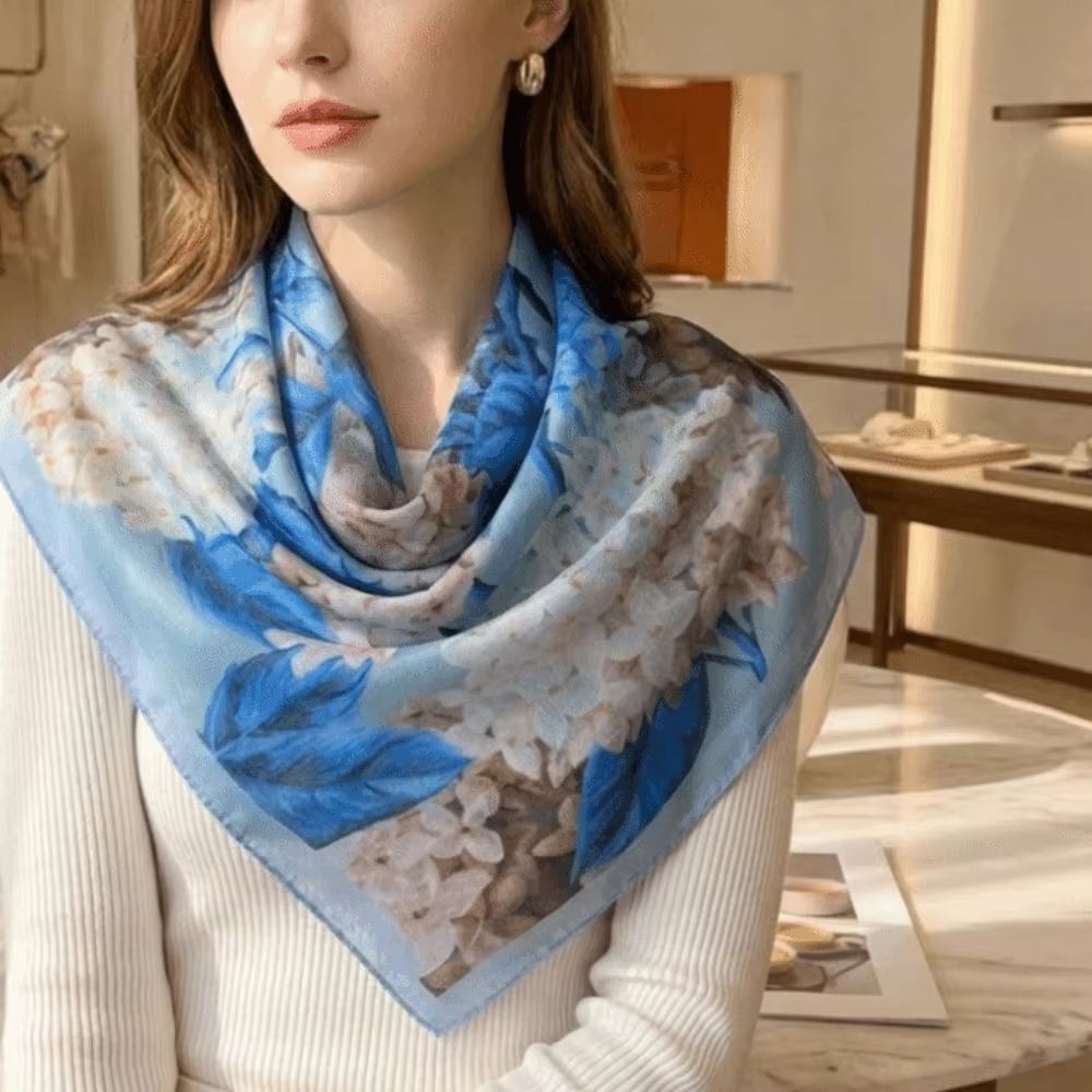 Foulard carré en soie à imprimé floral