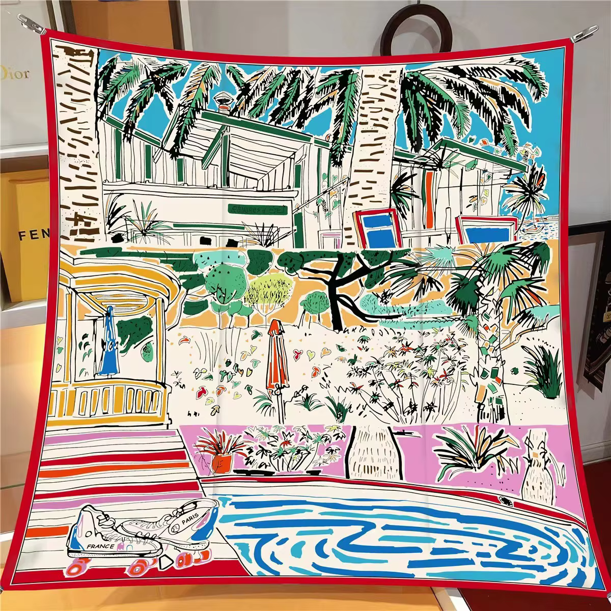 Foulard en soie rétro français 90x90