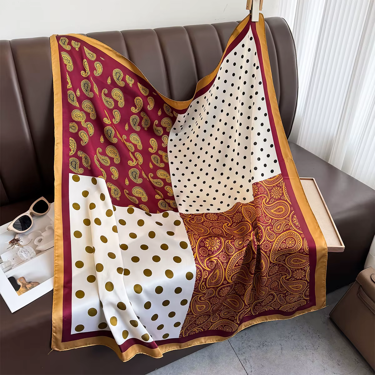 90*90 cm Foulard carré rétro cajou imprimé fleuri foulards en soie femmes cou