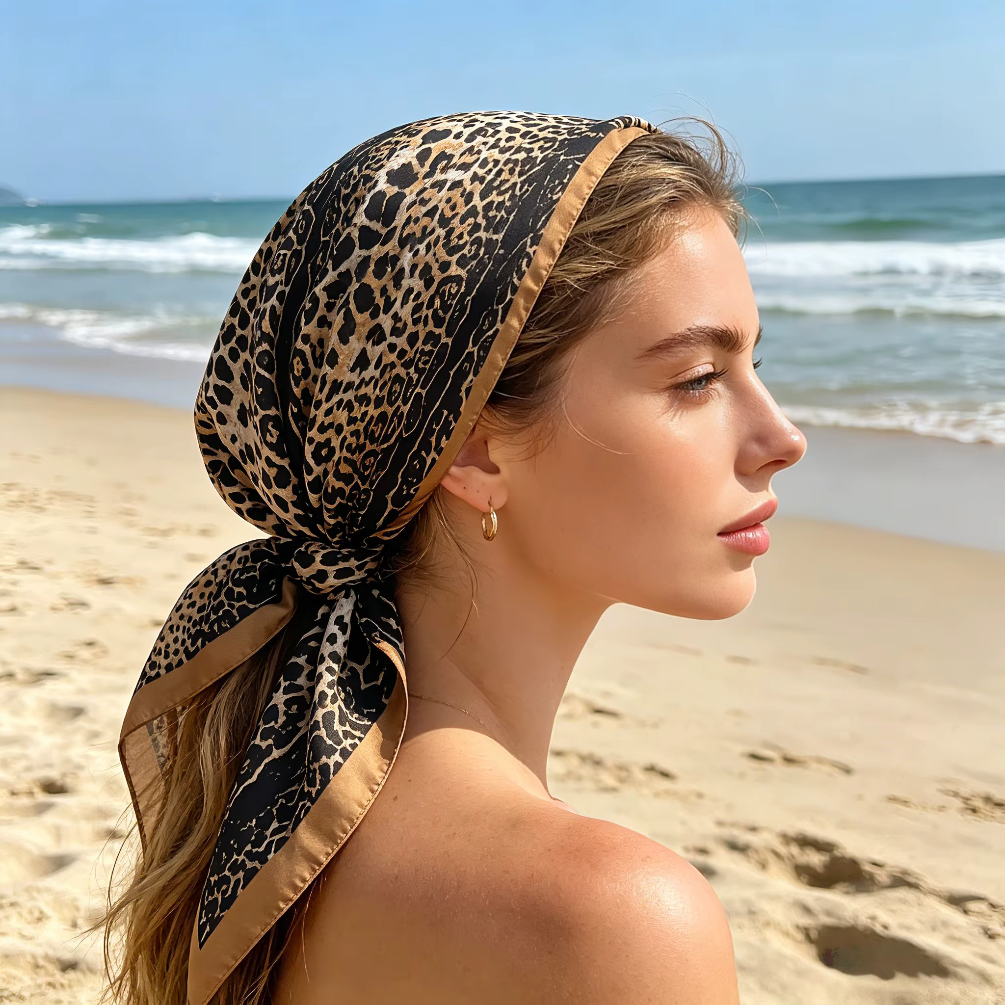 Nouveau Foulard Carré Imprimé Léopard 2026 pour Femme – Bandeau en Satin Doux