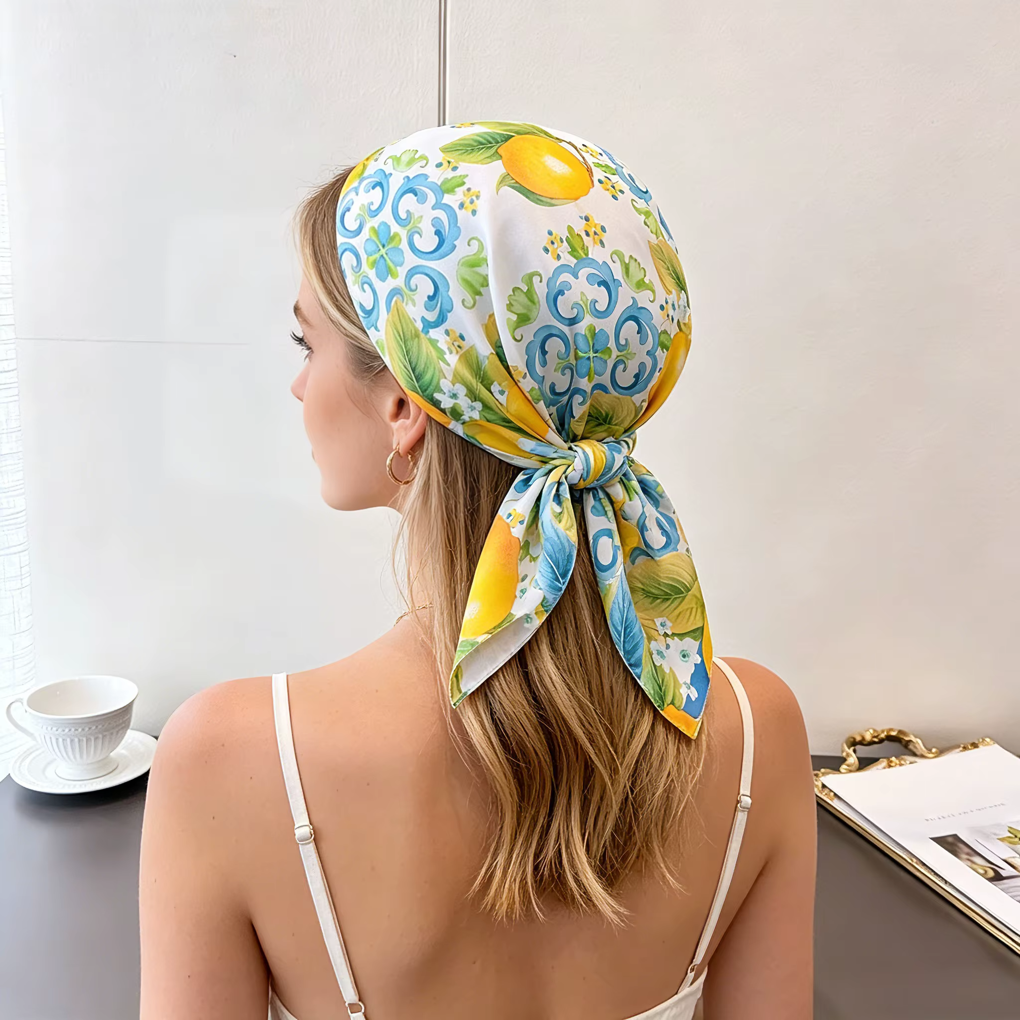 Nouveau Foulard Carré Imprimé Citron 2026 en Satin Doux Imitation Soie pour Femme – Bandana