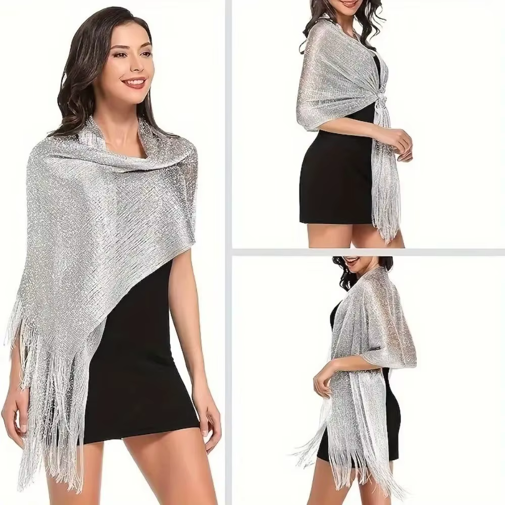 Élégante écharpe métallique brillante fil or argent ​ Long châle de banquet