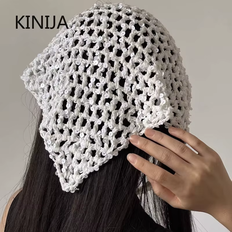 Écharpe triangulaire en tricot ajouré à paillettes style Ins pour femme