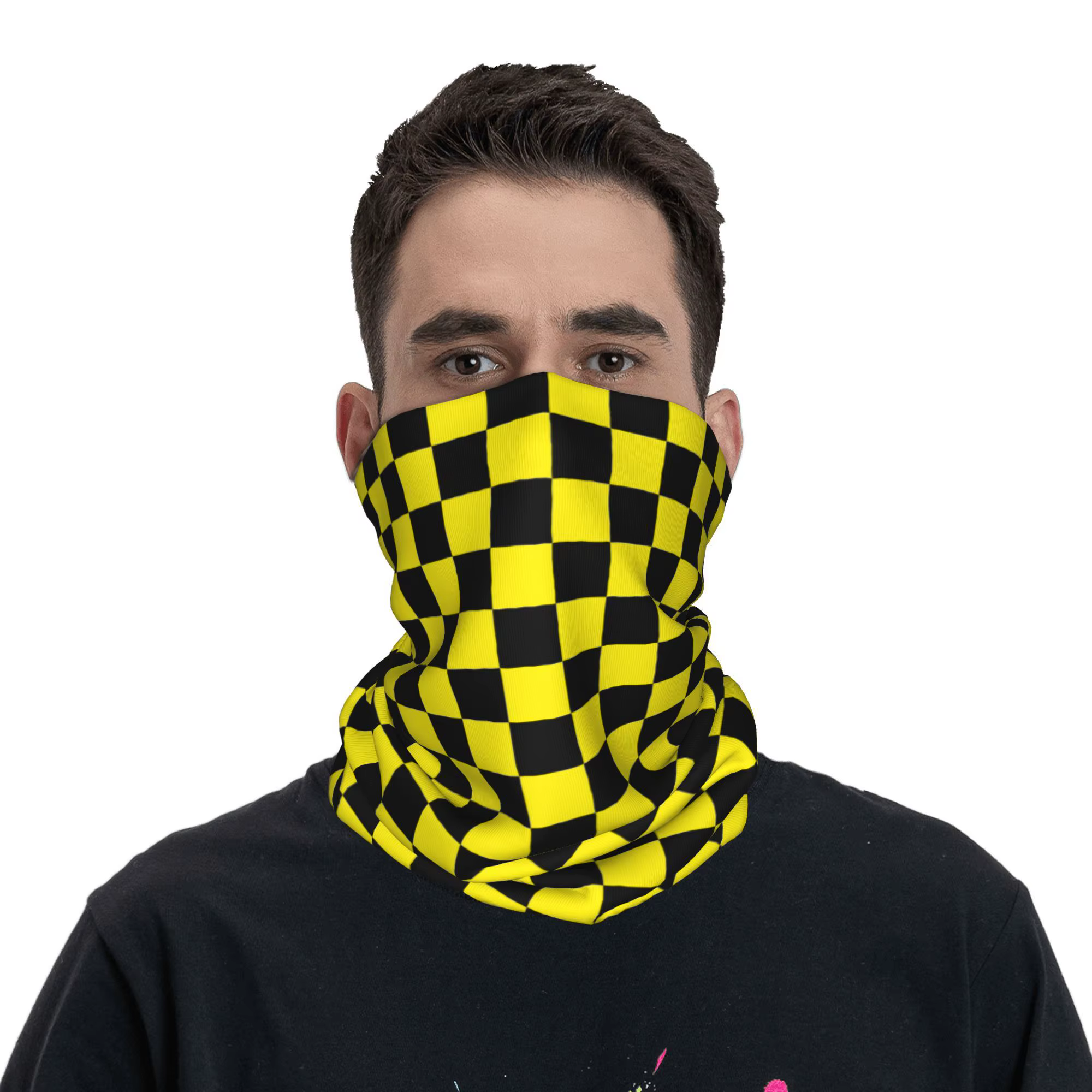 Cache-cou Bandana à carreaux noir jaune personnalisé
