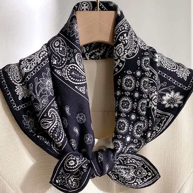 ◮ Foulard carré en soie motif fleur de cajou pour femme